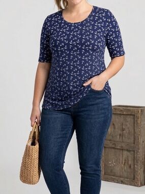 Macllyn Nautical Blue Anchor Print Women's Top Size L  New With Tags